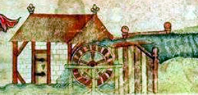A medieval watermill as depicted on the 14th century Luttrell Psalter.jpg